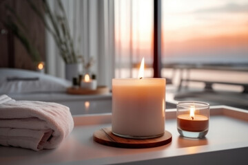 A scented candle in a modern bedroom. AI generative