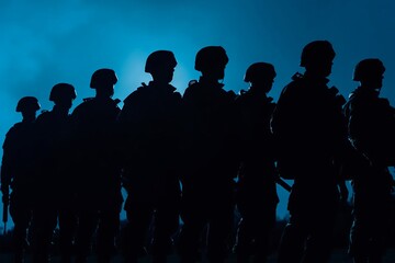 Silhouette of a group of soldiers walking on the battlefield. brothers in arms. Generative AI
