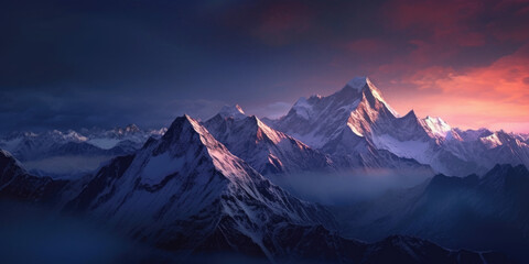 Experience the breathtaking allure of a snow-covered mountain range illuminated by the gentle moonlight, creating a scene of serene and awe-inspiring beauty. Generative AI 