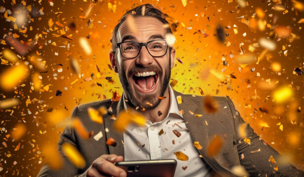 Excited happy young man in suit with phone rejoices in victory or winning. Generative AI. confetti