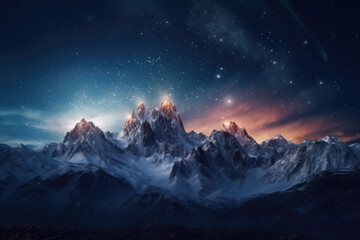 Under the soft glow of the moon, a majestic snow-covered mountain range shimmers, casting an ethereal aura that captivates the night. Generative AI 