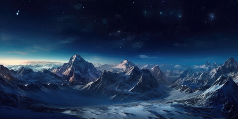 A snow-covered mountain range gleaming under the soft moonlight. Generative AI 