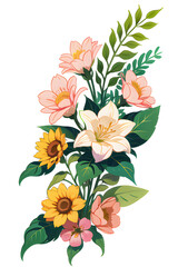 Illustration of a bouquet of flowers and leaves on a white background, ai generative.