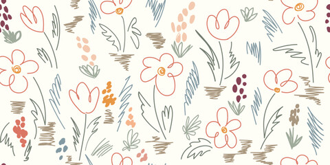 Seamless pattern - Field, meadow, garden, different bright flowers, grass. Drawing in the style children's doodle. doodles are drawn by a child's hand with colored pencils. Childish primitive doodle