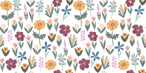 Seamless pattern - Field, meadow, garden, different bright flowers, grass. Drawing in the style of a children's doodle. doodles are drawn by a child's hand with colored pencils. Childish primitive
