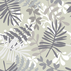 Seamless pattern from set of tropical hand drawn plants in doodle style. Monochrome gray botanical background for textiles, clothes, postcards, patterns, covers. Vector illustration