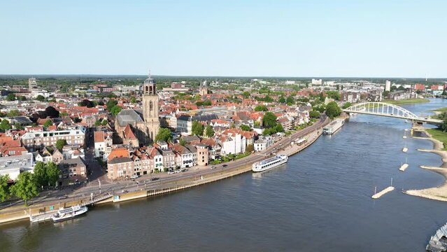 Deventer Ijssel river, Wilhelminabrug and city skyline.