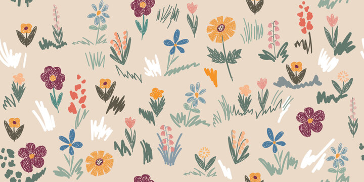 Seamless pattern - Field, meadow, garden, different bright flowers, grass. Doodles are drawn by a child's hand with colored pencils. Childish primitive doodl