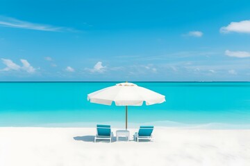 Picture yourself lounging on a sandy tropical beach, soaking up the warm summer sun as you sip on a refreshing, ice-cold drink. The beach stretches out before you, its soft white sand gently sloping d - obrazy, fototapety, plakaty
