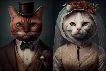 Couple of cats, bride and groom, wedding portrait in old-fashioned suits. Newlywed cats.