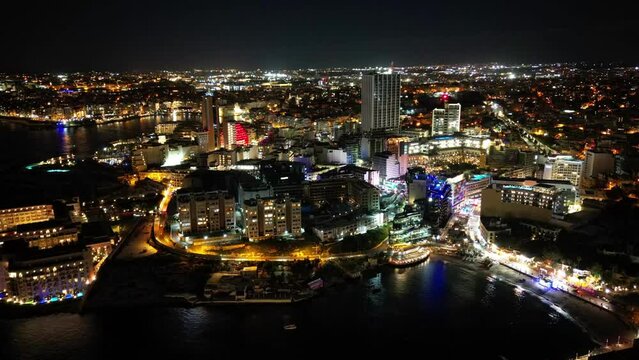 Aerial time lapse video of the modern city at night, Malta, Hyperlaps