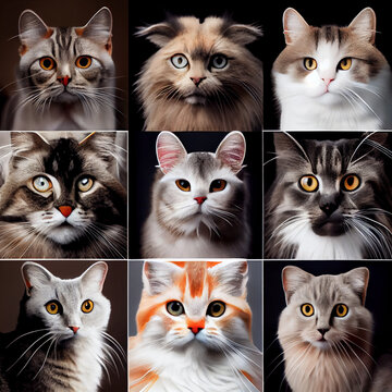 Collage of images of cats. Lots of cats of different breeds.