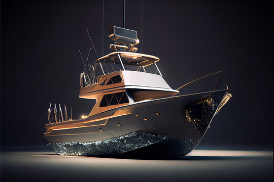 A delightful mock-up or abstract illustration of a fishing boat or small yacht illuminated by volumetric light against a dark background.