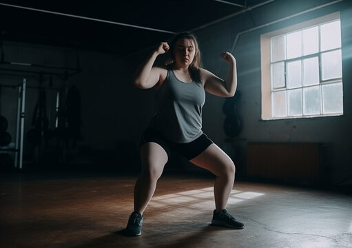 Portrait of a fat woman doing sports in the gym. Motivation for a healthy lifestyle. Generative AI
