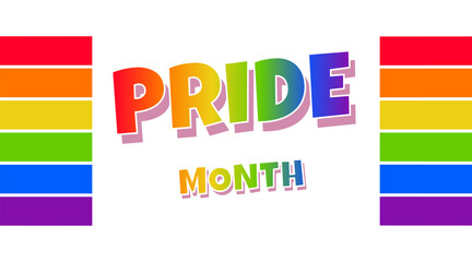rainbow background with pride month lettering on white background