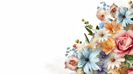 Colorful flower bouquet on white background. Flat lay, top view. Generative AI