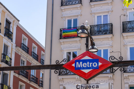Madrid, Spain; July 06, 2019: Chueca neighborhood in Madrid, decorated during gay pride day celebrations