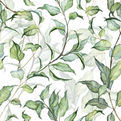 Square seamless pattern with hand painted watercolor florals. High quality realistic botany leaves wallpapers