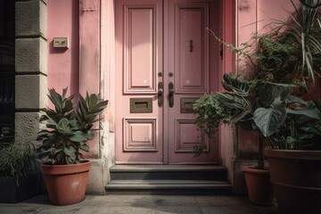 Fototapeta na wymiar A pink door with a potted plant and a pink flower in front of it. Generative AI