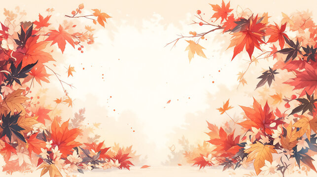 Autumn background,Cartoon drawn beautiful maple leaves frame boder with copy space on beige background,Concept for fall season holiday or Thanksgiving crad,Generative AI
