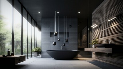 Modern Luxurious Minimalist bathroom in Tokyo, sleek bathtub amidst stone and wood texture, Ambient Lights and Nature - Generative AI