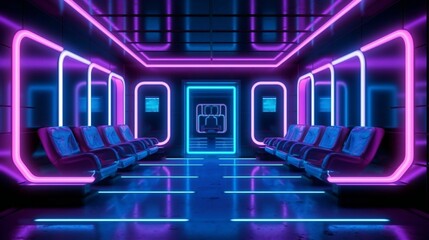 Modern Futuristic Neon Room Inside a Spaceship Heading to Mars, Future Humanity in 2077 , Tron Style, Purple and blue accents, LEDS - Generative AI - obrazy, fototapety, plakaty