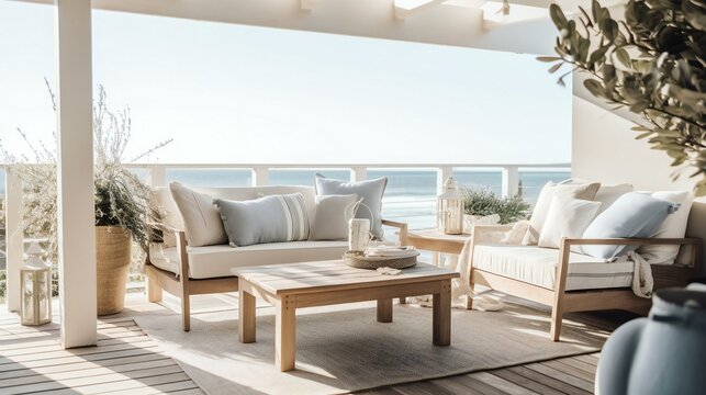 Coastal garden terrace patio outdoor, with wood and fabric blue white and beige accents around noon sunny day in Australia at the beach - Generative AI	
