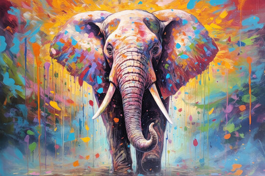 The Face of an elephant with colorful paint. Generative AI