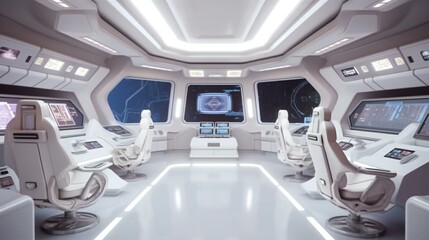 Futuristic Spacecraft Command Center, White Sleek Design, Advanced Navigation Displays, Illuminated Panels, Deep Space Exploration, Calm Atmosphere in Starship Odyssey - Generative AI
