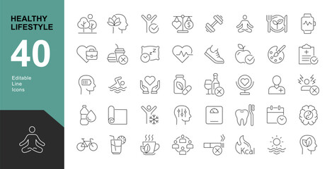 Healthy Lifestyle Line Editable Icons set. Vector illustration of modern thin line style icons of the components of a healthy lifestyle: the mode of work and rest, physical activity, and a diet.