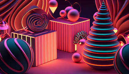 3d render Christmas neon background with gift box Ai generated image