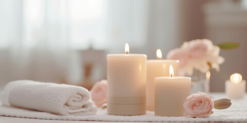 Obraz na płótnie Canvas Closeup of candles and white towels, spa salon background. AI generative