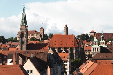 Obraz premium Aerial view of modern buildings on a sunny day in Nuremberg, Germany