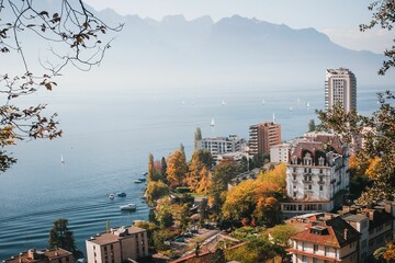 Landscape of buildings surrounded by the sea in Montreaux, Switzerland