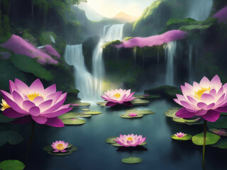 Lotuses in a river with moutain background, Generative AI Illustration.