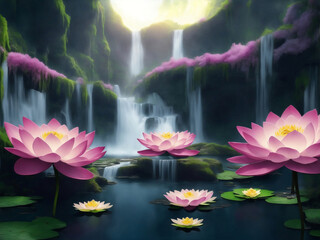 Lotuses in a river with moutain background, Generative AI Illustration.