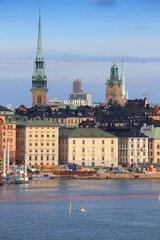 Stockholm morning skyline in Sweden. Gamla Stan waterfront (the Old Town).