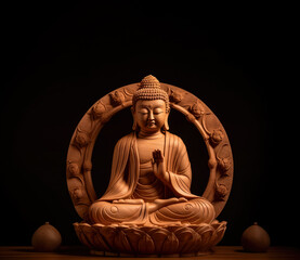 Detail of wooden Tathagata Buddha sitting in lotus position statute, dark dimmed background, Generative AI