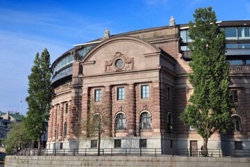 Fototapeta na wymiar Riksdag (Parliament of Sweden) building in Stockholm. Sunset light. Government architecture.
