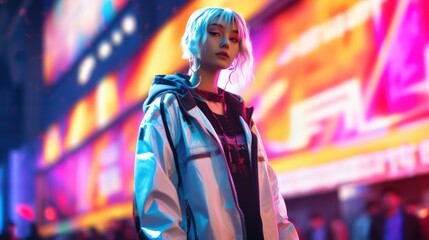 Fototapeta premium Fierce Tokyo Fashionista Strutting on Runway Under Shamrock Green Lights. Generative AI.