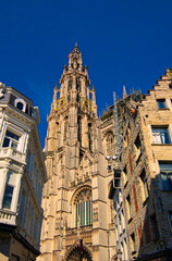 Fototapeta na wymiar Close-up view of ancient Cathedral of Our Lady in Antwerp, Belgium (Onze-Lieve-Vrouwekathedraal). Famous touristic place and travel destination in Europe. UNESCO World Heritage Site