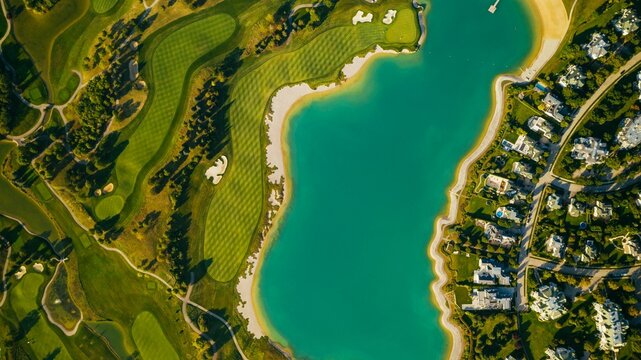 Aerial view of a golf club near a lake with sand pits and tennis courts in Oberwaltersdorf, Austria