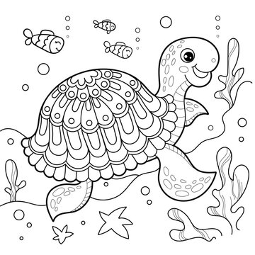 Naklejka Cheerful sea turtle underwater. Black and white linear drawing. For children's design of coloring books, prints, posters, cards, stickers, puzzles, etc. Vector