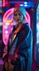 Fierce Tokyo Fashionista Strutting on Runway Under Shamrock Green Lights. Generative AI.