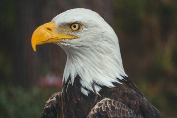 Closeup of a beautiful Bald eagle in a forest with blurred background