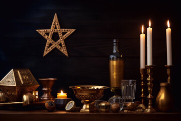 Fototapeta na wymiar Candlestick with burning candles for Hanukkah, Ai generated