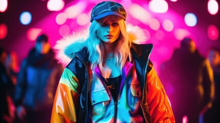 Fototapeta premium Fierce Tokyo Fashionista Strutting on Runway Under Shamrock Green Lights. Generative AI.