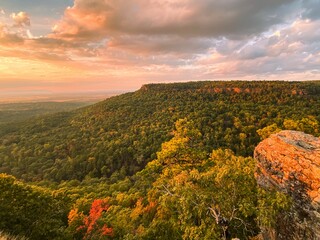 Scenic shot of Hawksbill Crag(Whitaker Point) in Newton County, Arkansas at pinky sunset