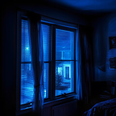 Looking out a bedroom window at night at houses covered in a spooky blue glow. generative ai