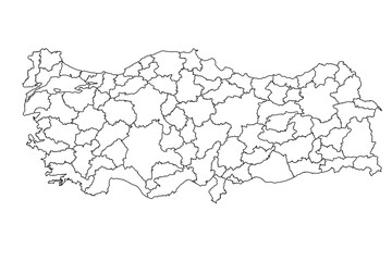 Turkey map with region borders outline. Detaled Tyrkey map isolated. Turkish borders silhouettes on transparent background.